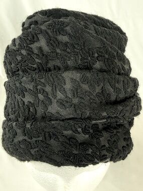 Vintage Black Floral Brocade Turban 22in Handmade Mid Century Church Lady Hat